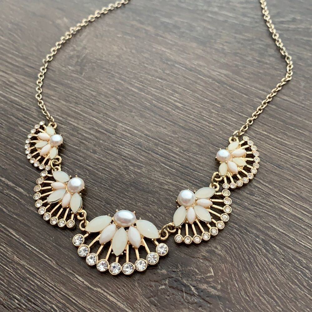 Delicate necklace with faux pearls acrylic beads and rhinestones gold tone metal